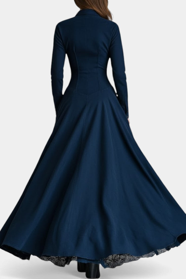 Marie | Lange Suède Jurk met Blousekraag en Kant